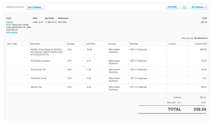 Screenshot of a Weploy invoice on Xero